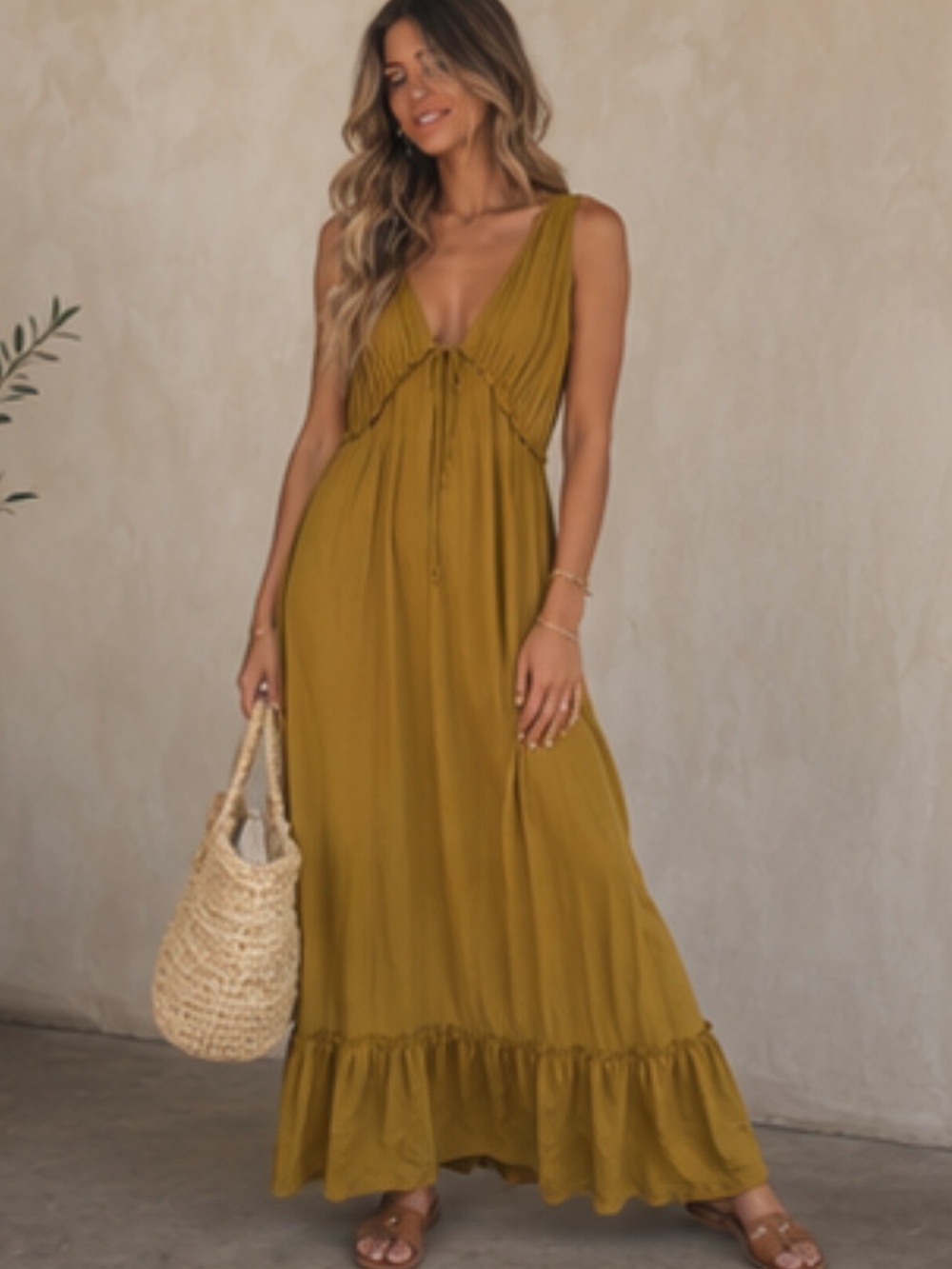 Sleeveless V-Neck Maxi Dress with Tie Detail in Mustard